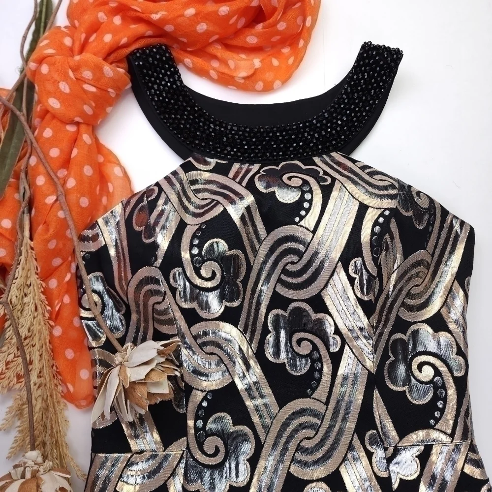 Lilly Pulitzer Black Gold Silver Beaded Halter Top Strappy Back Dress Sz… - Picture 3 of 14